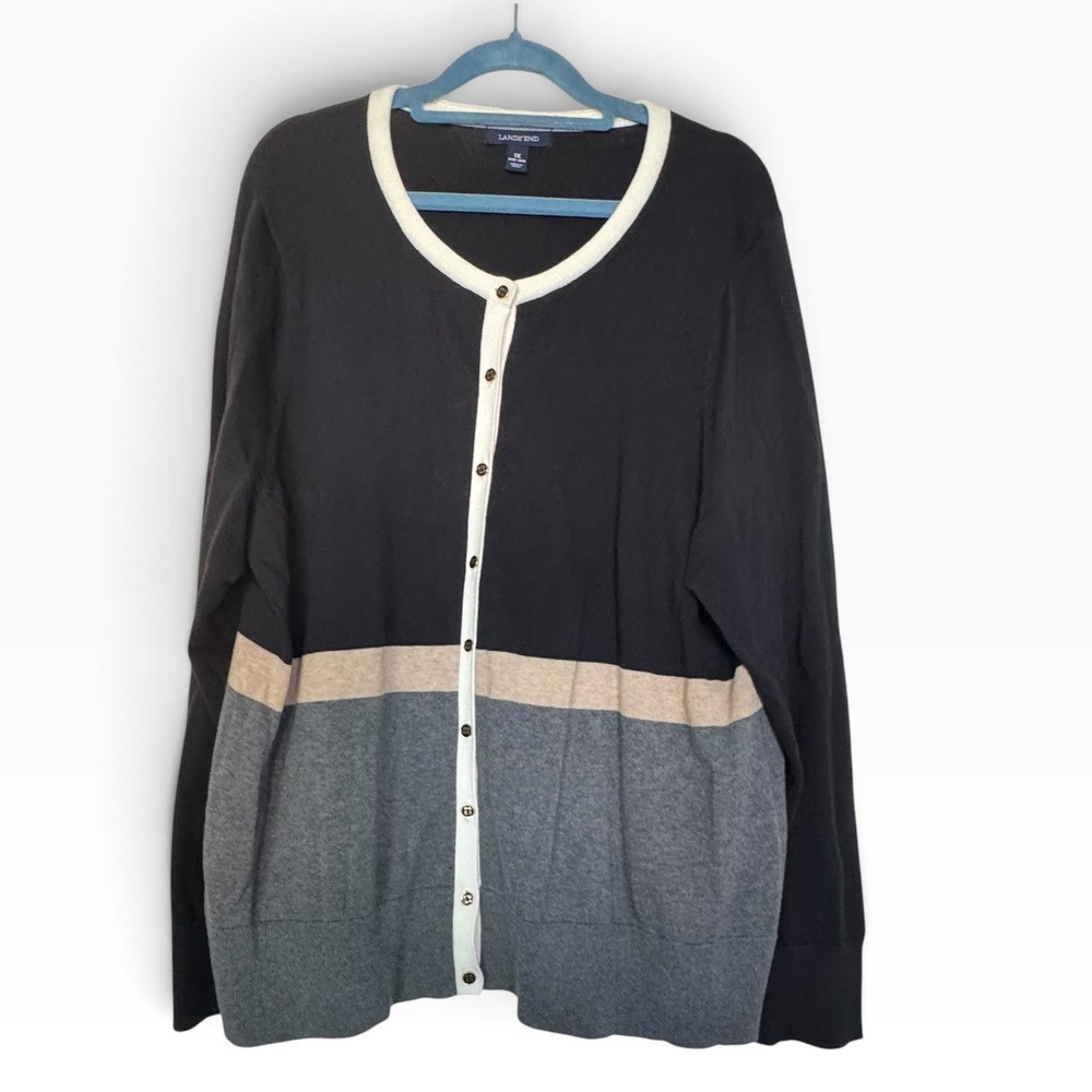 Lands End Colorblock Cotton Cardigan Sweater Black Grey Tan 1X Modern Cozy